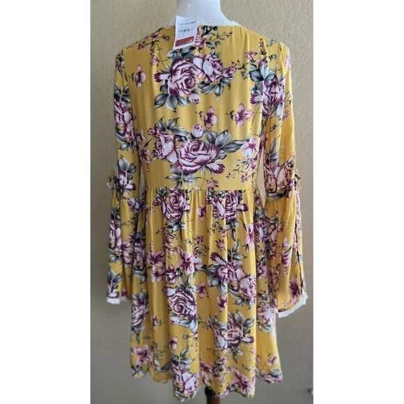 On The Road Womens Yellow V Neck Fit & Flar Garette Floral Dress Size L $120 - Picture 4 of 11